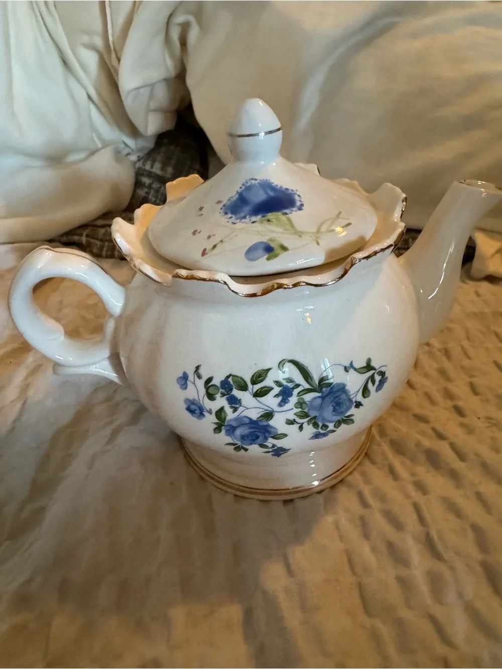 Classic Floral Ceramic Teapot in White with Blue Rose Accents